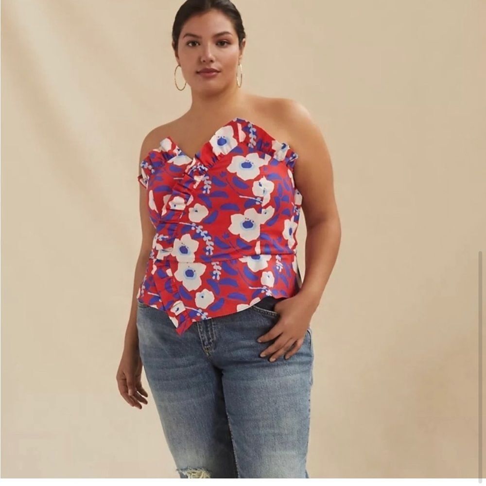 Anthropologie Red Floral Ruffle Strapless Camisole with Blue and White Blooms - Picture 3 of 9